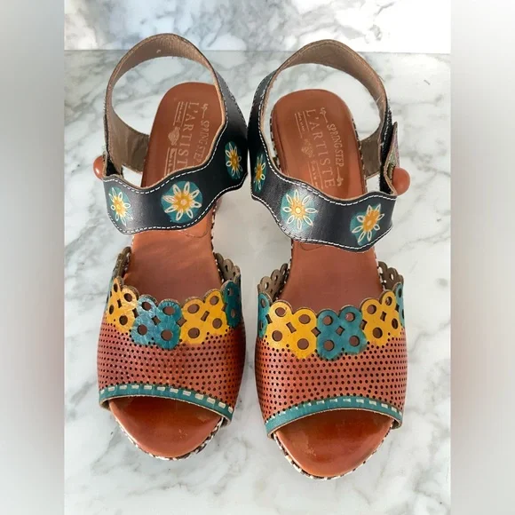 L’Artiste Spring Boho Step Leather Floral Heeled Sandals Artsy Jive Hippie 39 - Picture 7 of 9